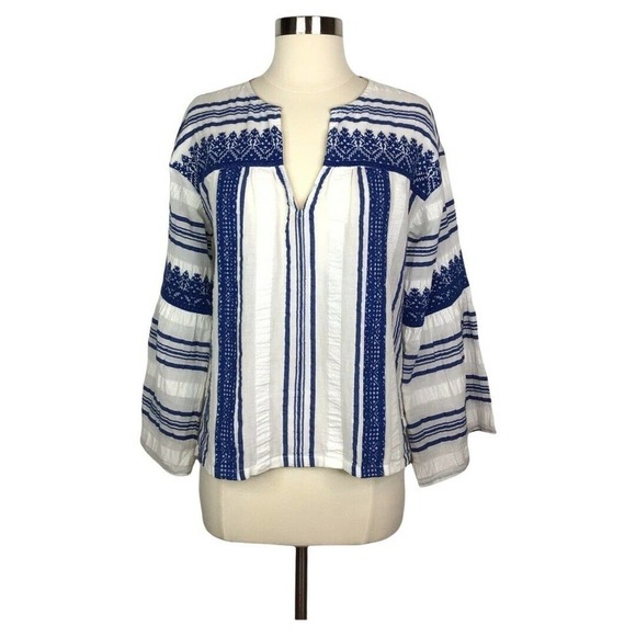 Joie Selbea Top XS Regatta Blue Striped Embroidered Bell Sleeve Cotton Blouse - Picture 4 of 10